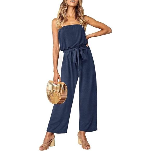Zesica Black Strapless Belted Jumpsuit Soft Stretchy Wide-Leg Romper Medium - Picture 1 of 11